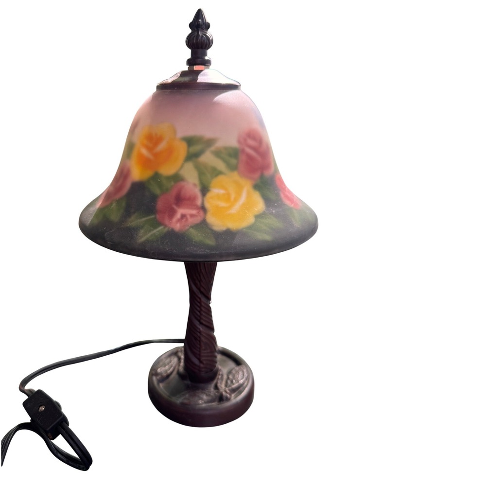 Vintage Style Frosted Glass Rose Floral Table Lamp Dragonfly Base Bronze Tone